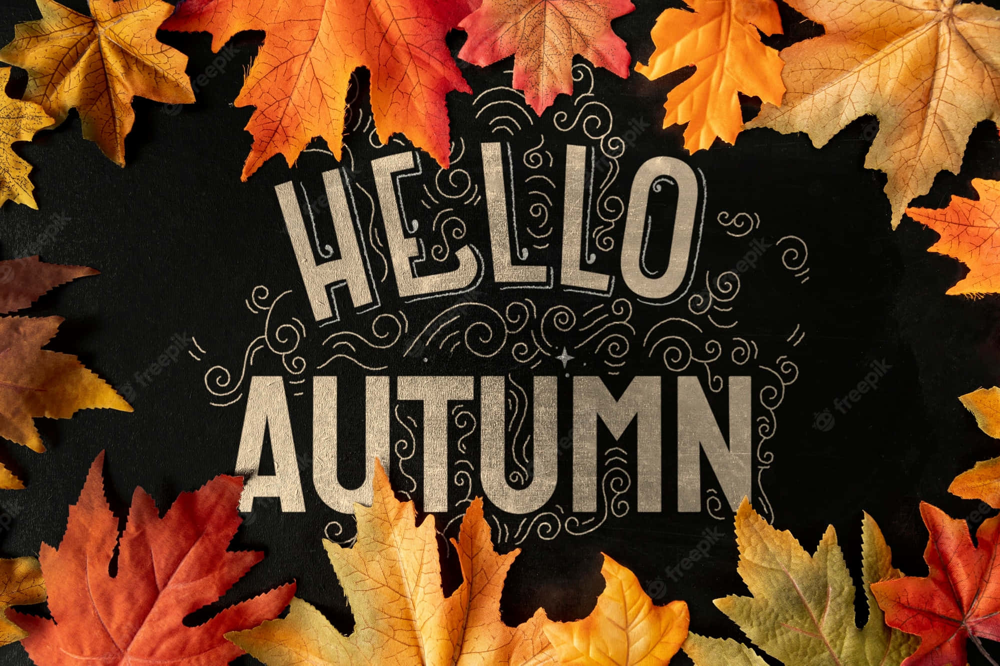 Hello Fall 桌布 壁紙 — 充滿活力的秋葉（橙色、黃色和紅色）圍繞著黑板上粗體粉筆風格的「hello autumn」文字。