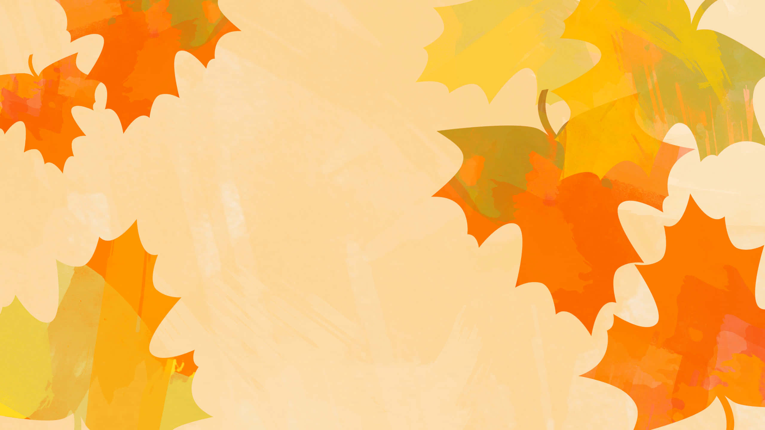 Simple Fall 桌布 壁紙 — 充滿活力的秋葉，橙色、黃色和綠色，漂浮在柔和的奶油色背景上，帶有繪畫般的筆觸。