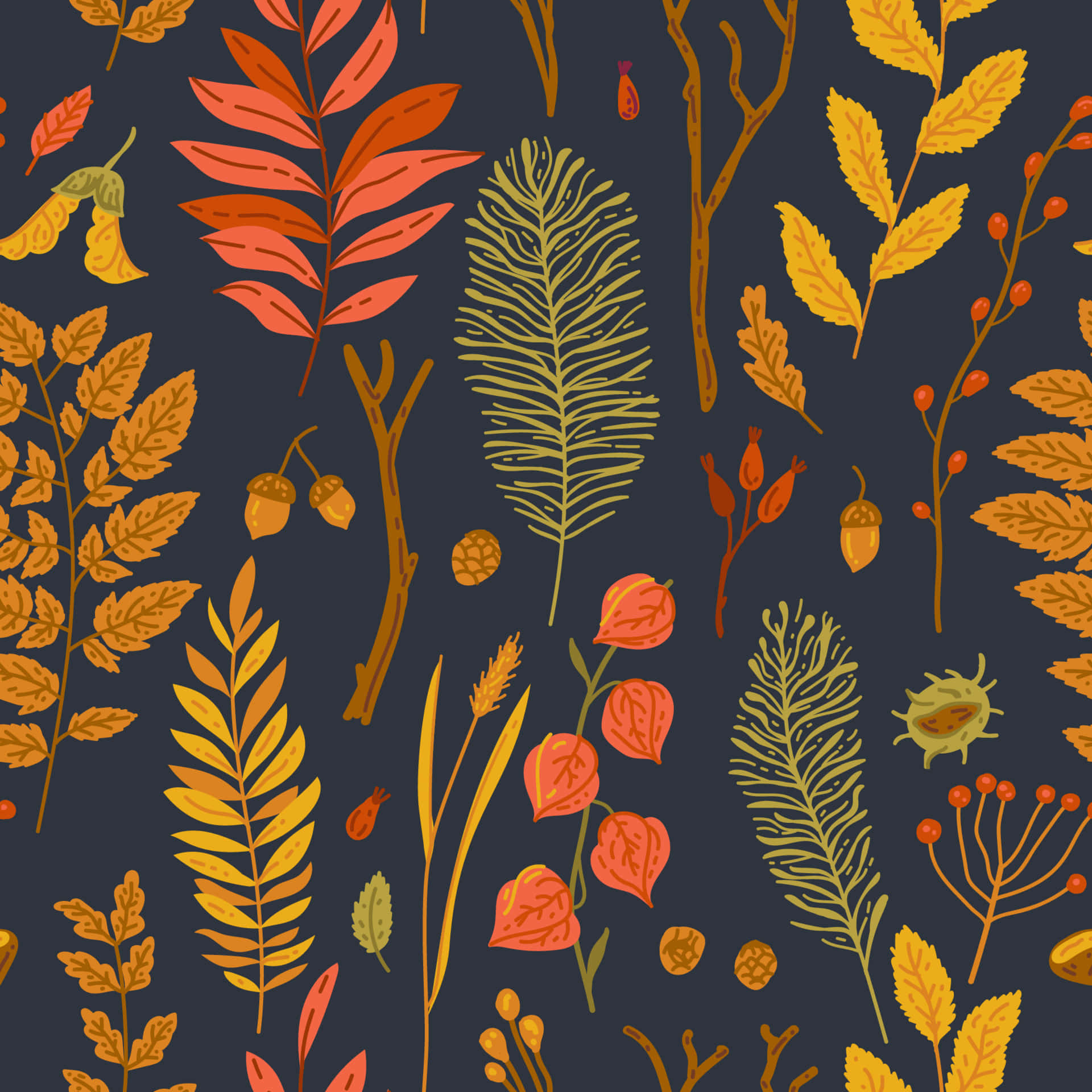 Autumn Leaves 桌布 壁紙 — 充滿活力的秋葉和漿果，以溫暖的橙色、黃色和綠色色調，漂浮在深海軍藍色背景上。