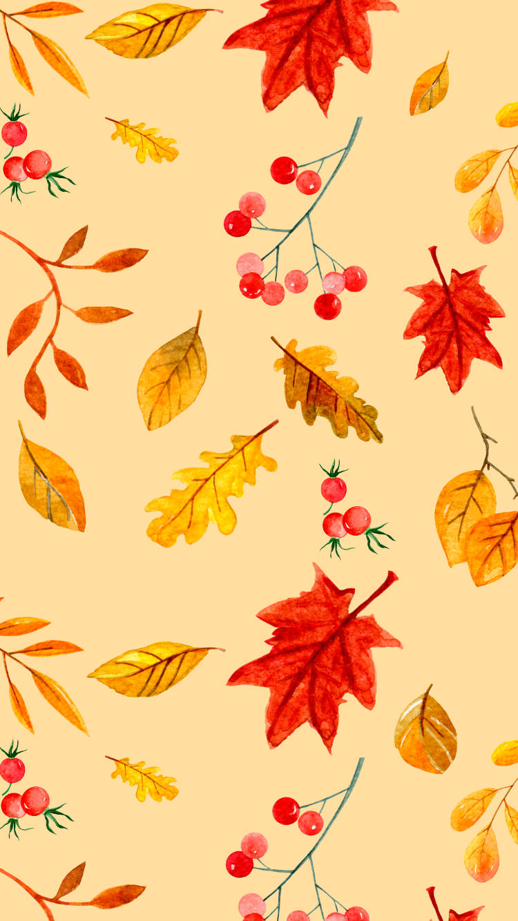 秋季 桌布 壁紙 — 充滿活力的秋葉和紅色漿果在水彩風格中優雅地漂浮在溫暖的米色背景上。