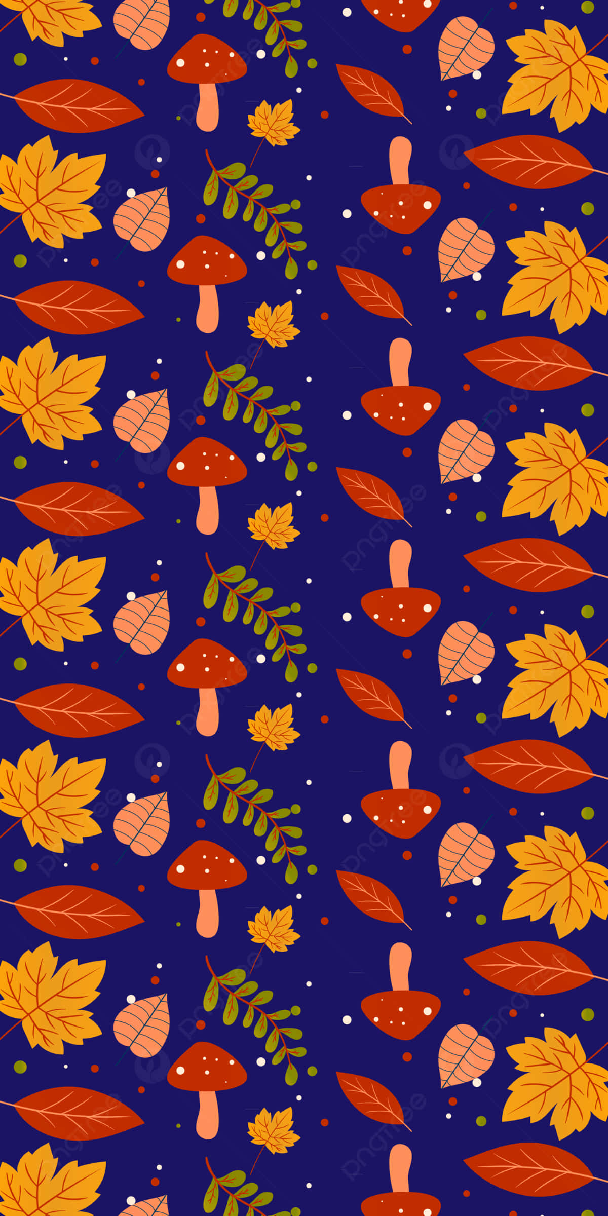 Cute Autumn iPhone 桌布 壁紙 — 充滿活力的秋葉和紅色蘑菇散落在深藍色背景上，形成俏皮的重複圖案。