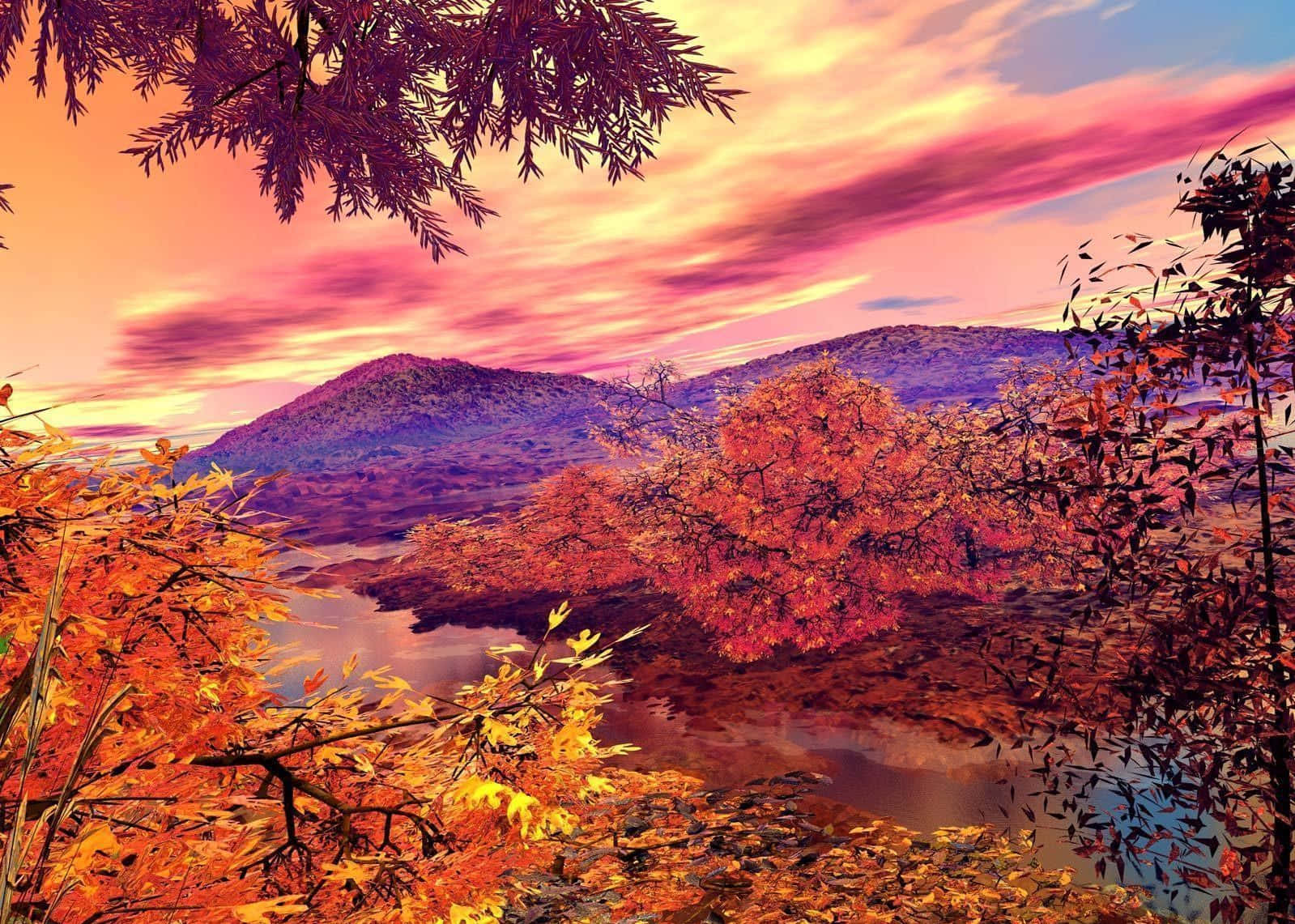Fall Photography 桌布 壁紙 — 充滿活力的秋葉環繞著寧靜的湖泊，倒映著遠方紫色山脈上熾熱的粉紅色和橙色日落雲彩。