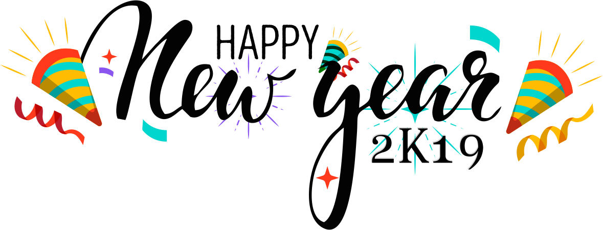 新年快樂 桌布 壁紙 — 充滿活力的節日圖案，以粗體字寫著「Happy New Year 2K19」，周圍環繞著色彩繽紛的派對帽和五彩紙屑。