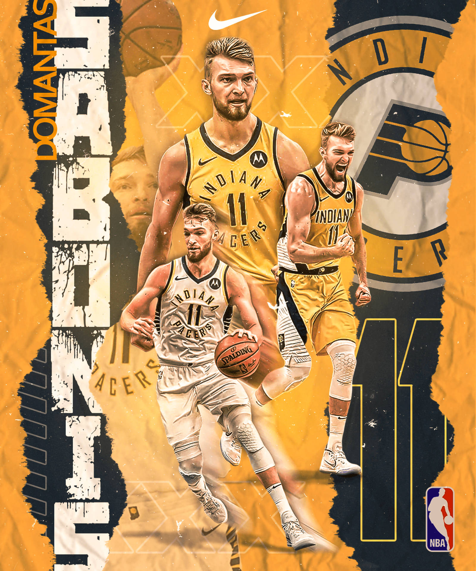 domantas sabonis 桌布 壁紙 — 充滿活力的籃球運動員Domantas Sabonis身穿印第安納溜馬隊球衣，在醒目的黃黑圖形背景前激烈運球。