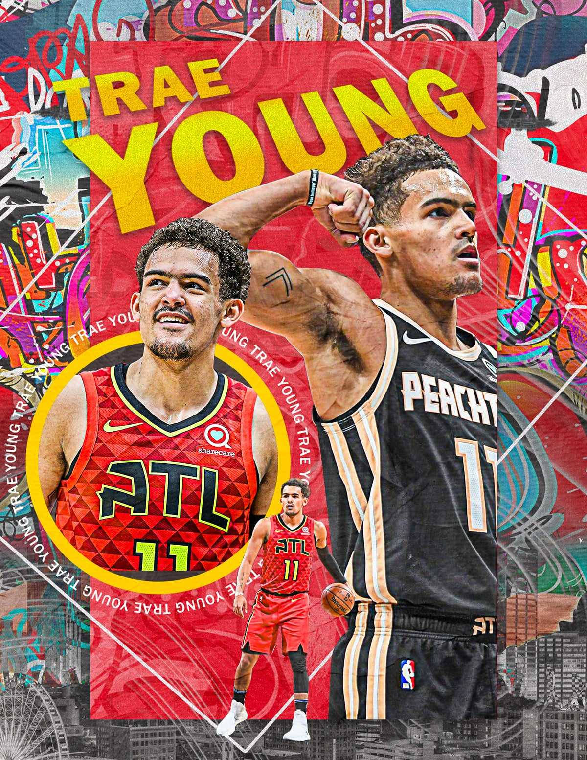 Trae Young 桌布 壁紙 — 充滿活力的籃球運動員Trae Young拼貼畫，身穿紅色和黑色球衣，背景為塗鴉風格。