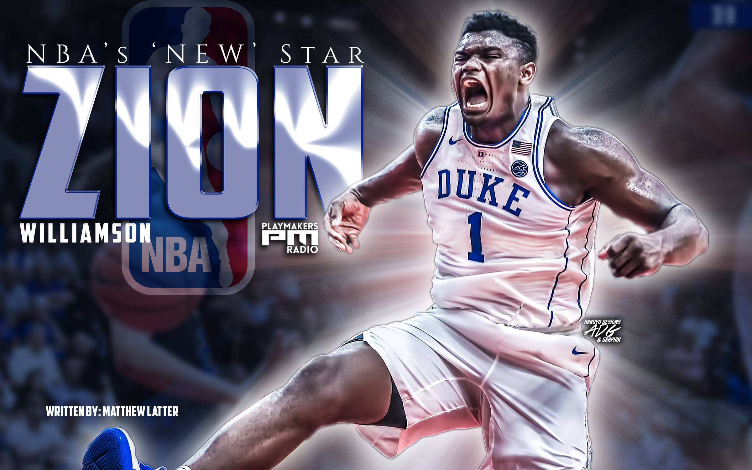 Zion 桌布 壁紙 — 充滿活力的籃球運動員錫安·威廉森身穿杜克大學隊服，在邁步中咆哮，伴隨著發光效果和粗體文字，宣告他為NBA的新星。
