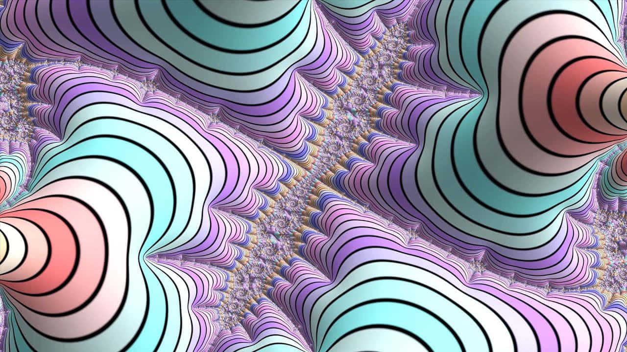 碎形 桌布 壁紙 — 充滿活力的粉彩分形波浪以催眠般的螺旋旋轉，搭配大膽的黑色輪廓，創造出迷人的數位圖案。