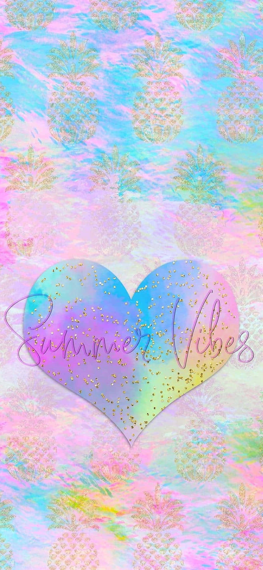 桌布 壁紙 — 充滿活力的粉彩壁紙，帶有閃閃發光的鳳梨和標有 Summer Vibes 的彩虹心形。