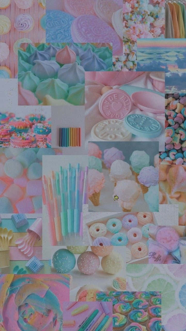 彩虹美學 桌布 壁紙 — 充滿活力的粉彩拼貼畫，展示甜點和文具，以夢幻甜美的美學排列。