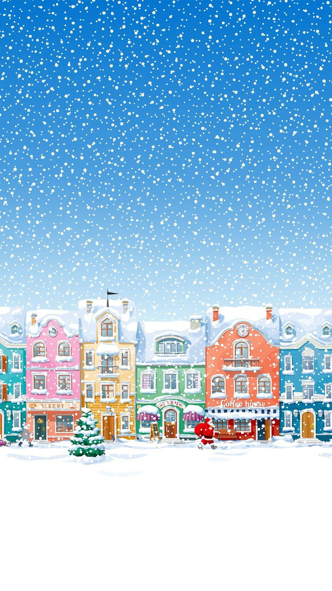 Snoopy Christmas iPhone 桌布 壁紙 — 充滿活力的粉彩歐洲風格建築，被白雪覆蓋，在明亮的藍天下飄落雪花。