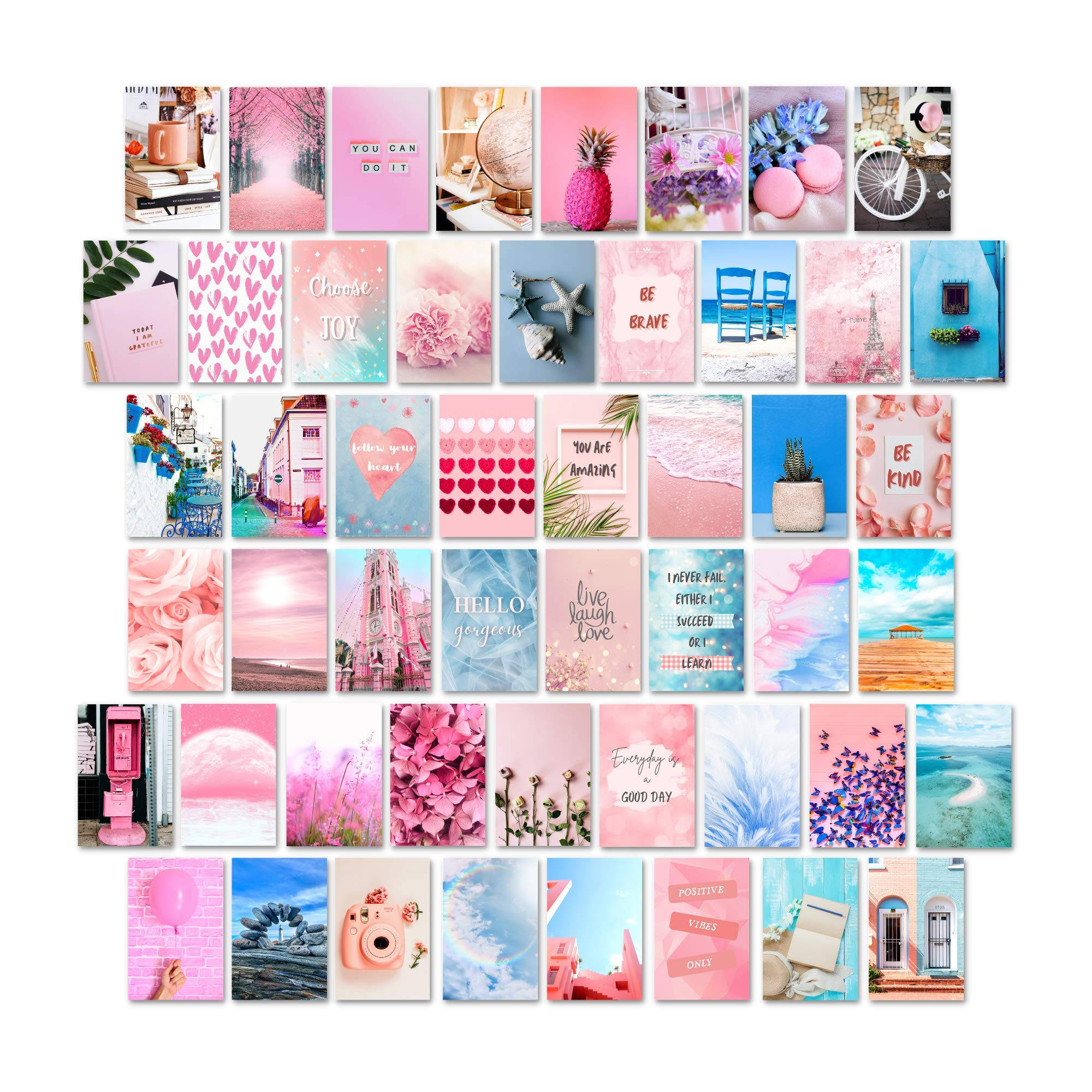 Pink And Blue Aesthetic 桌布 壁紙 — 充滿活力的粉彩粉紅和藍色主題桌布圖片拼貼，包含勵志名言、自然場景和裝飾物品。