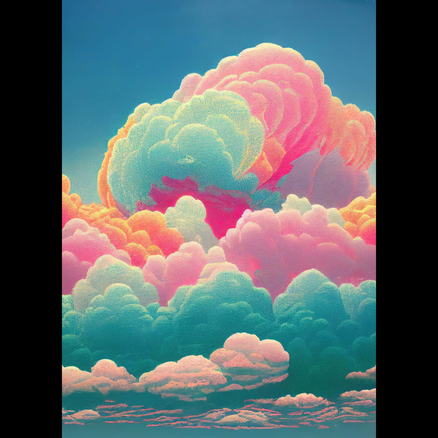 pastel 桌布 壁紙 — 充滿活力的粉彩雲朵，以粉紅、青綠和橙色漂浮在清澈的藍天上，帶有紋理數位藝術風格。