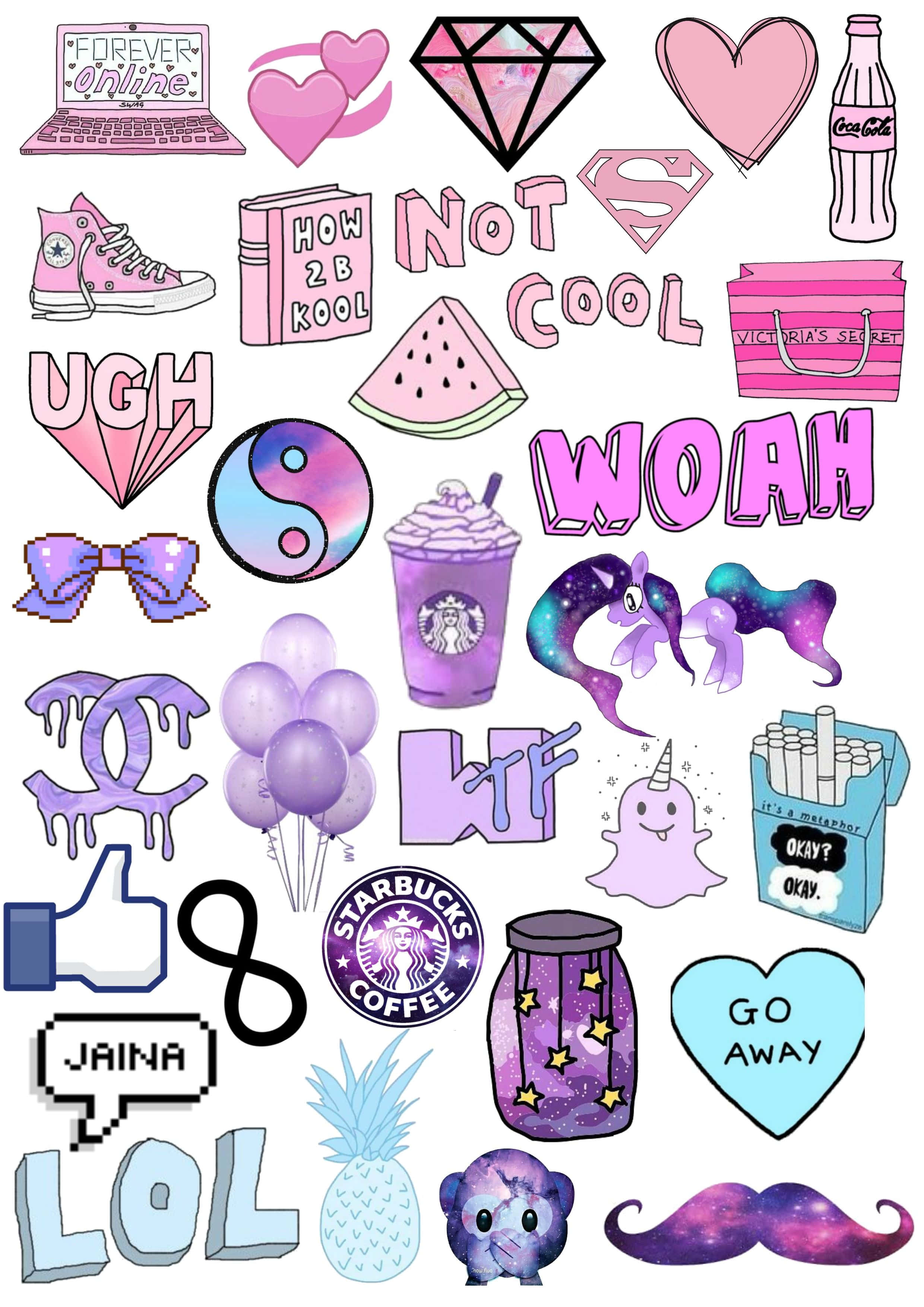 Cute Stickers 桌布 壁紙 — 充滿活力的粉紅、紫色和藍色塗鴉拼貼，包含心形、鑽石、運動鞋和流行文化圖標，以俏皮的貼紙風格呈現。