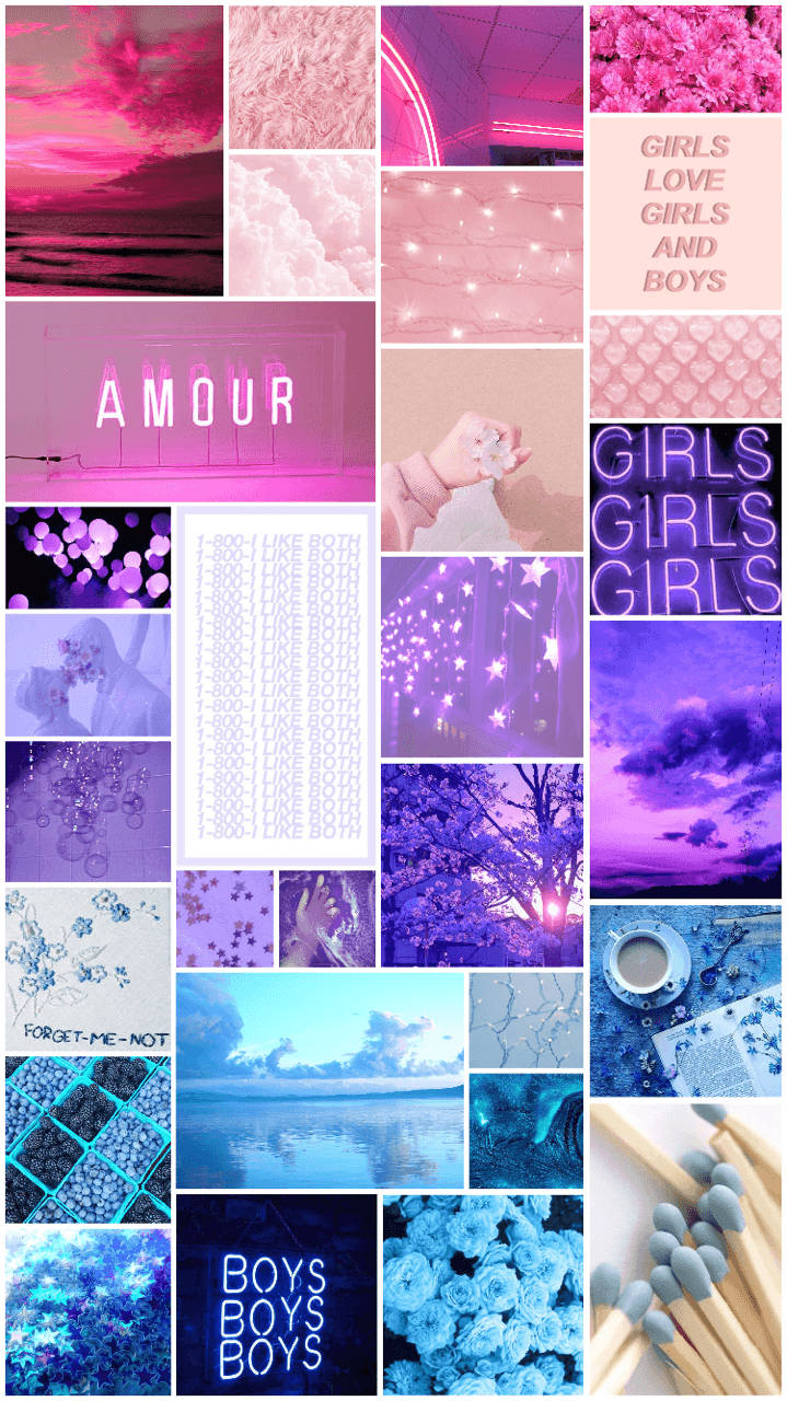 Bisexual Aesthetic 桌布 壁紙 — 充滿活力的粉紅、紫色和藍色拼貼畫， featuring 霓虹燈牌、浪漫文字、花卉圖案和夢幻天空，呈現年輕美學。