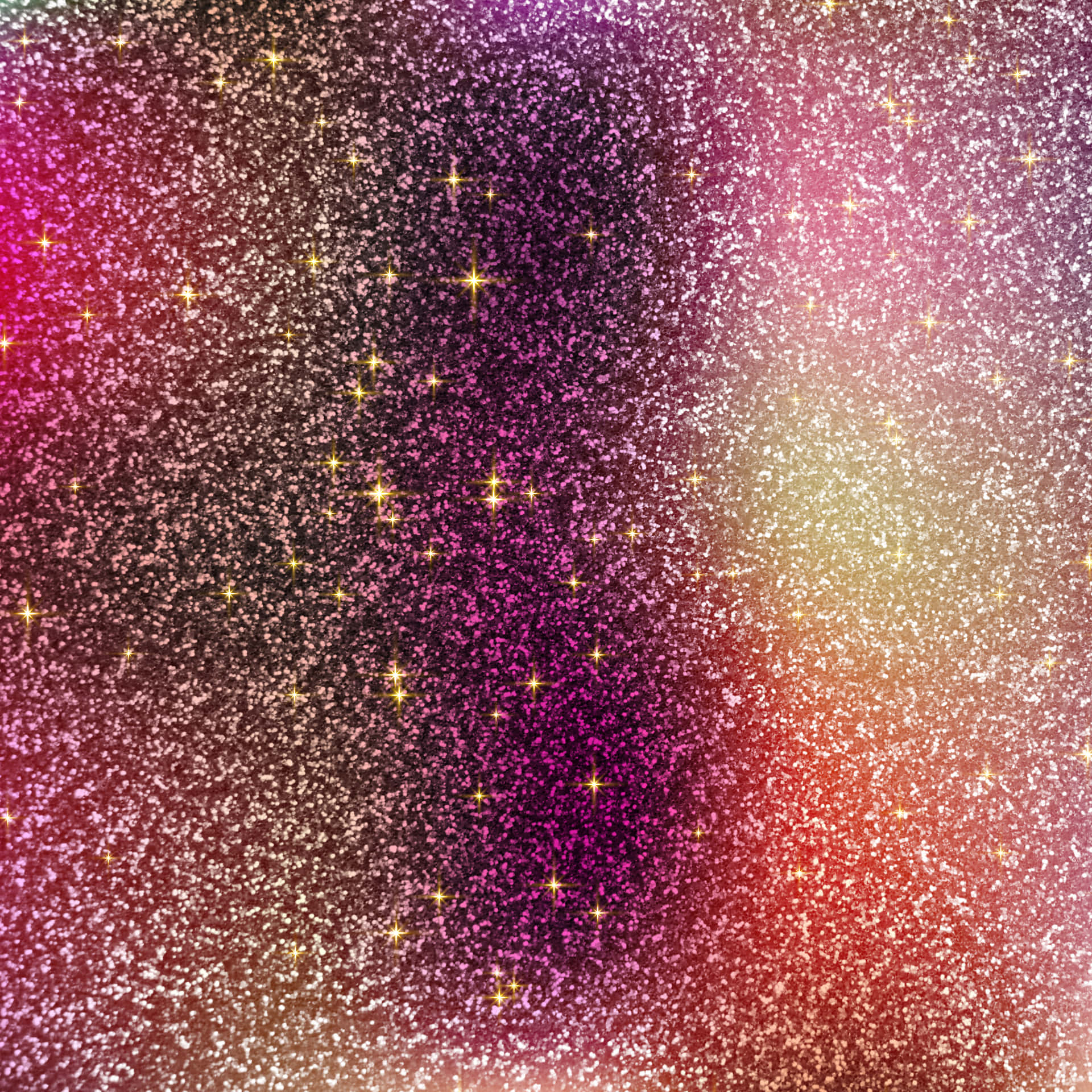 Glitter background with a shimmering texture. Aesthetic glitter background with blank space 壁紙 — 充滿活力的粉紅、紫色和金色閃粉漸變，表面散落著閃爍的星爆。