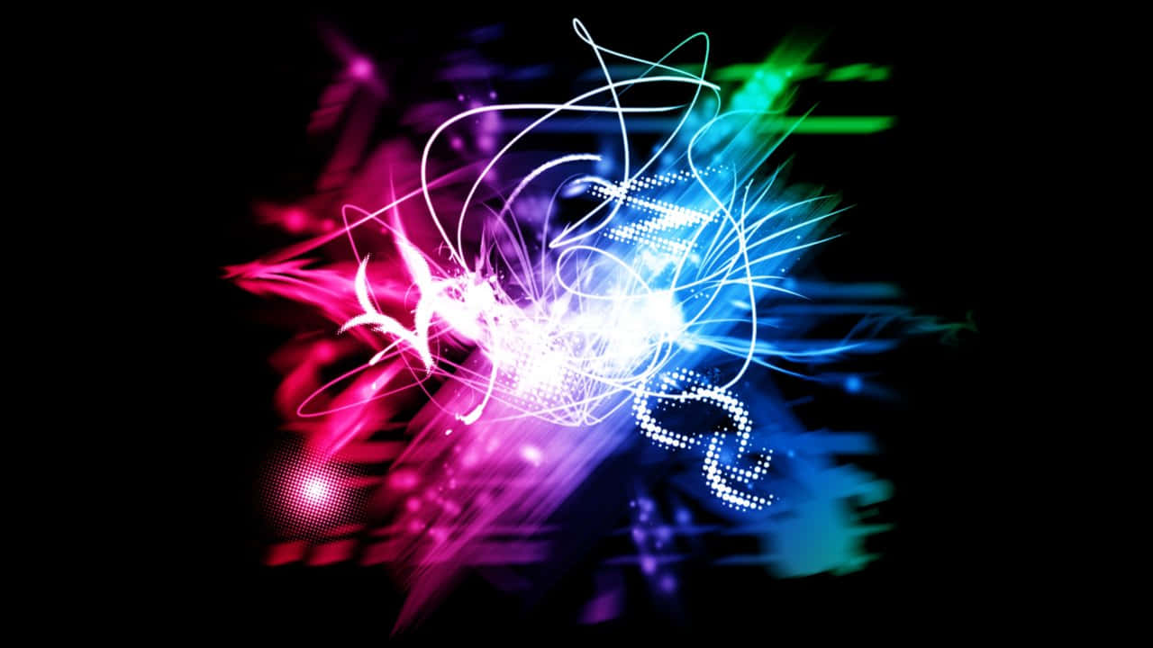 Trippy Neon Lights 桌布 壁紙 — 充滿活力的粉紅、藍色和綠色霓虹燈光軌跡在黑色背景上爆炸，營造出動態的數位能量爆發。