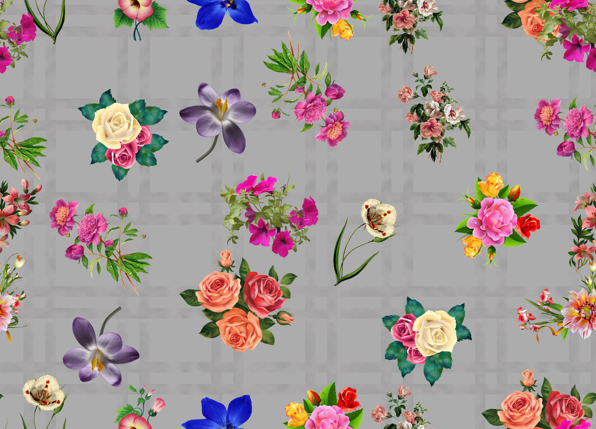 Plaid 桌布 壁紙 — 充滿活力的粉紅、蜜桃、藍色和白色花簇在柔和的灰色格紋背景上盛開。