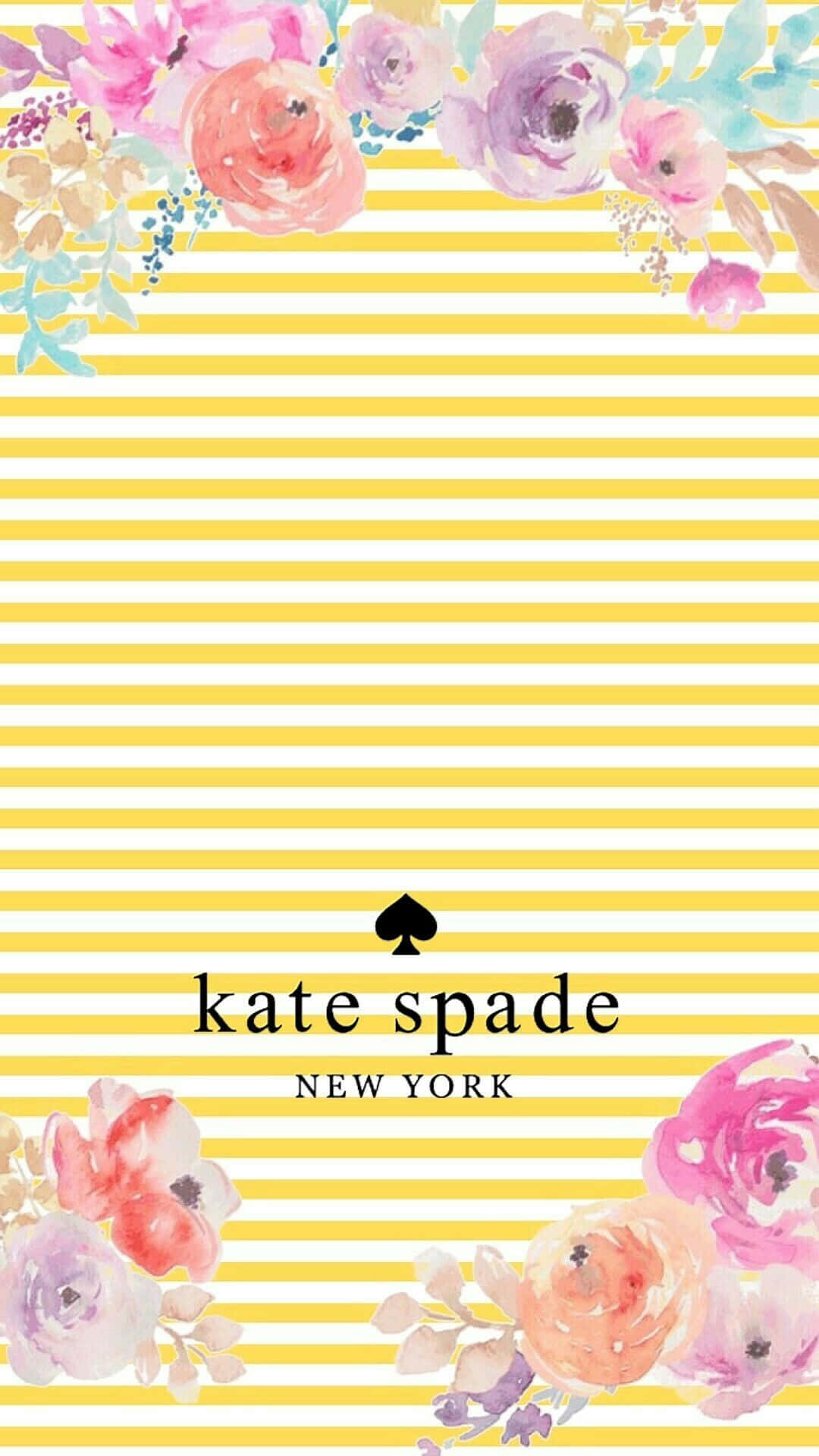 Kate Spade 桌布 壁紙 — 充滿活力的粉紅、蜜桃和薰衣草色水彩花朵，襯托大膽的黃白條紋背景，並帶有 Kate Spade New York 標誌。