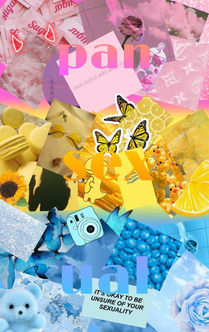 Pansexual 桌布 壁紙 — 充滿活力的粉紅、黃色和藍色元素拼貼畫，包括蝴蝶、馬卡龍、玫瑰和慶祝酷兒身份的文本。