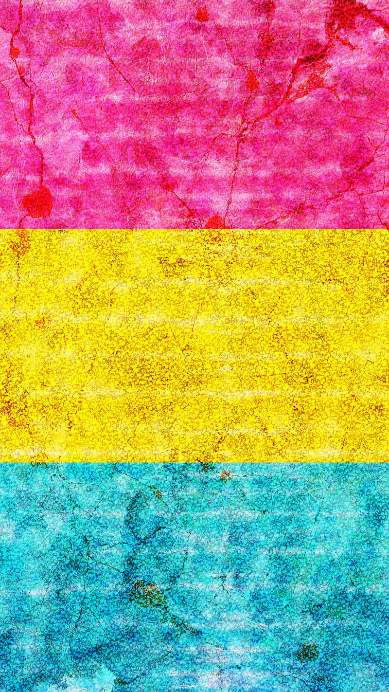 Pansexual 桌布 壁紙 — 充滿活力的粉紅、黃色和藍色水平條紋，帶有類似老化油漆的裂紋紋理表面。