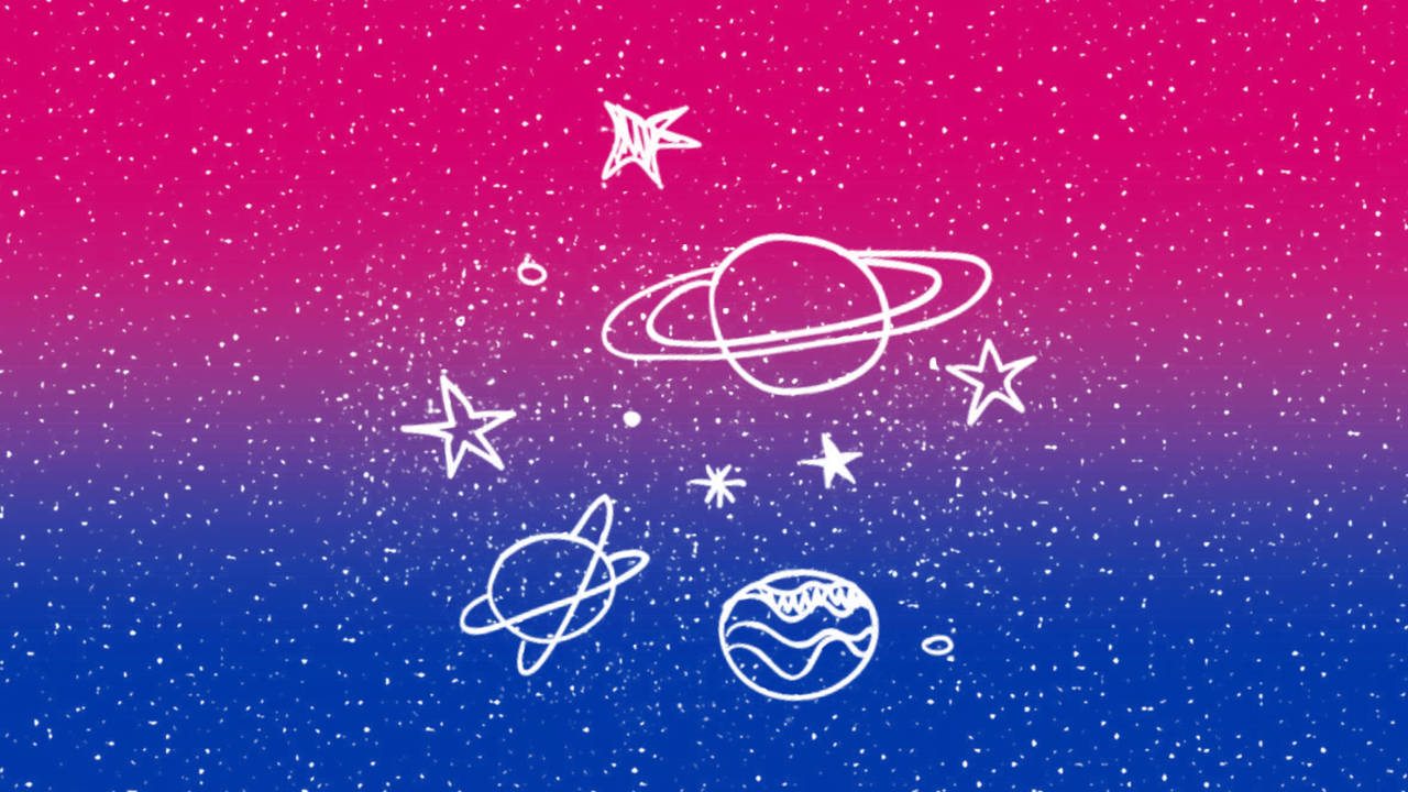 Bisexual Aesthetic 桌布 壁紙 — 充滿活力的粉紅到藍色漸變天空，點綴著白色星星和手繪行星及環。