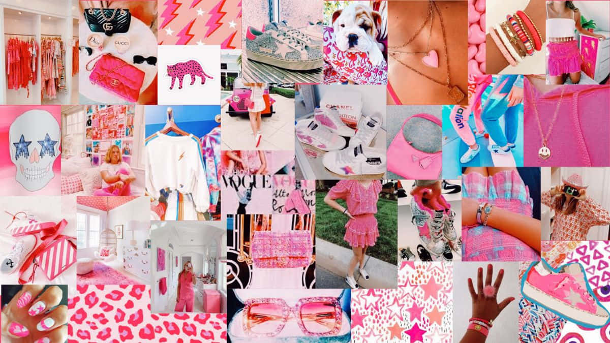 Preppy Laptop 桌布 壁紙 — 充滿活力的粉紅和白色拼貼畫，以時尚配飾、寵物和生活方式物品為特色，呈現俏皮年輕的美學。