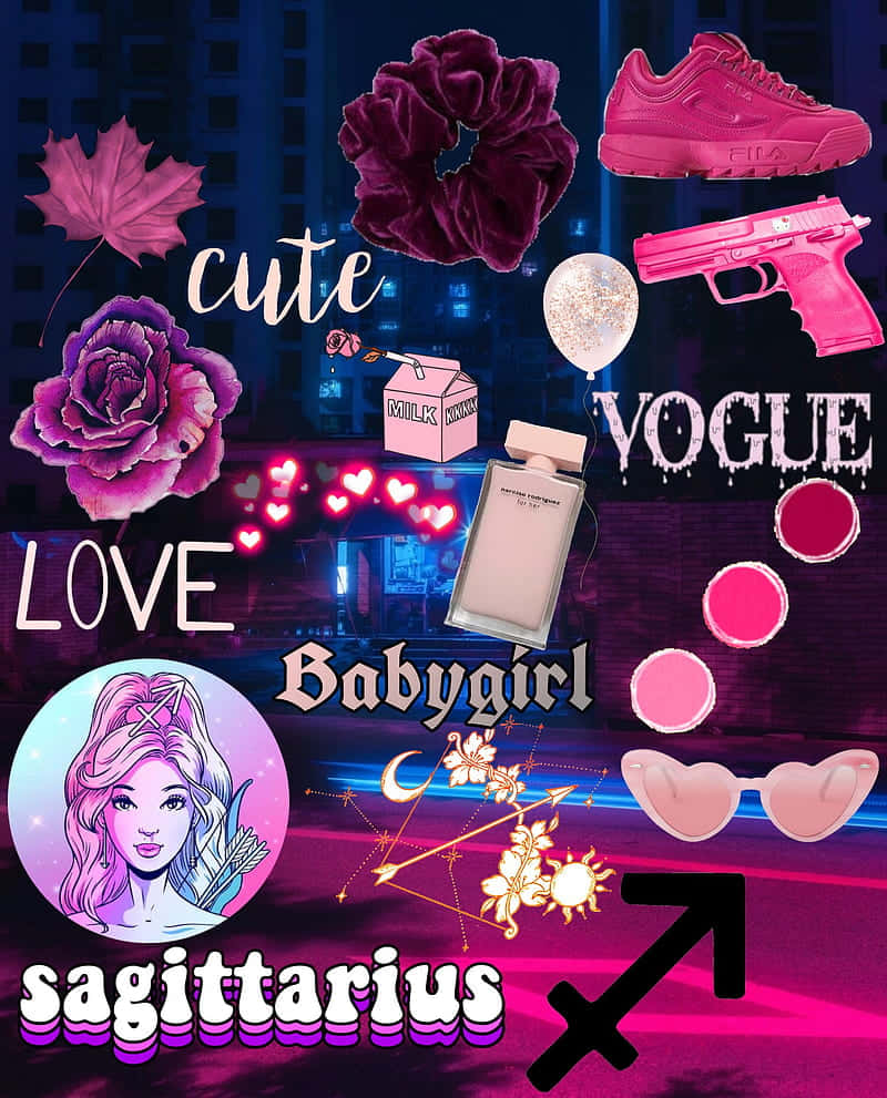 sagittarius 桌布 壁紙 — 充滿活力的粉紅和紫色霓虹拼貼畫，展示時尚單品、占星符號和都市夜晚元素。