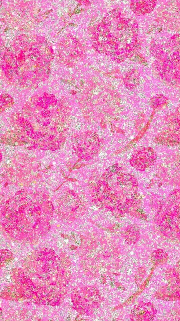 Aesthetic Girly 桌布 壁紙 — 充滿活力的粉紅玫瑰，帶有閃爍質感和金色點綴，營造出閃亮的 floral 圖案。