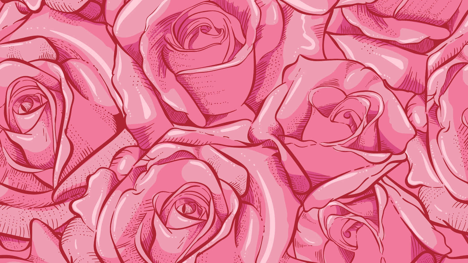 1600x900 桌布 壁紙 — 充滿活力的粉紅玫瑰圖案，帶有細緻的線條藝術和陰影，營造出茂盛的花卉壁紙。