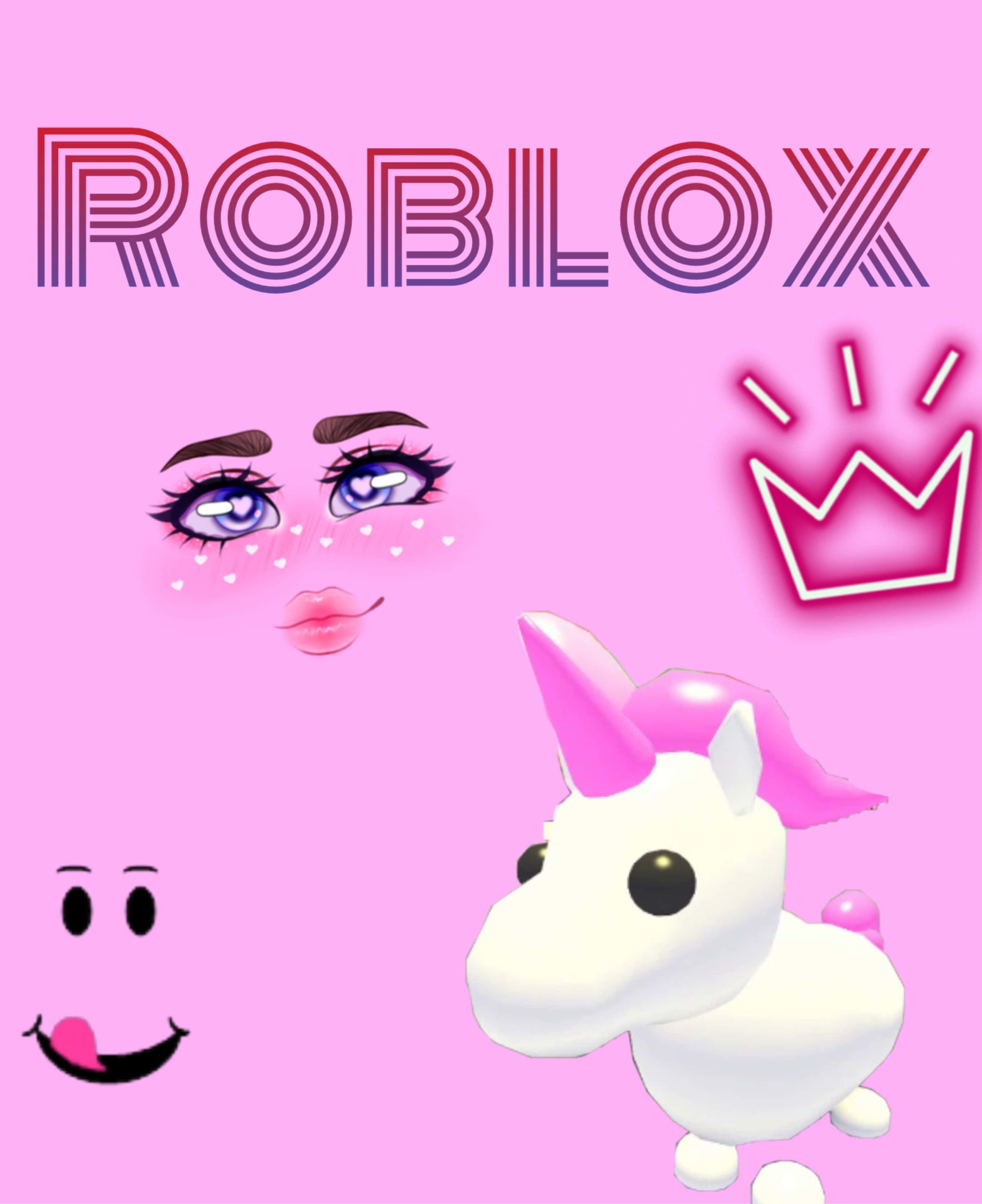 game 桌布 壁紙 — 充滿活力的粉紅色 Roblox 主題桌布， featuring 獨角獸、發光皇冠和風格化的卡通眼睛和微笑。