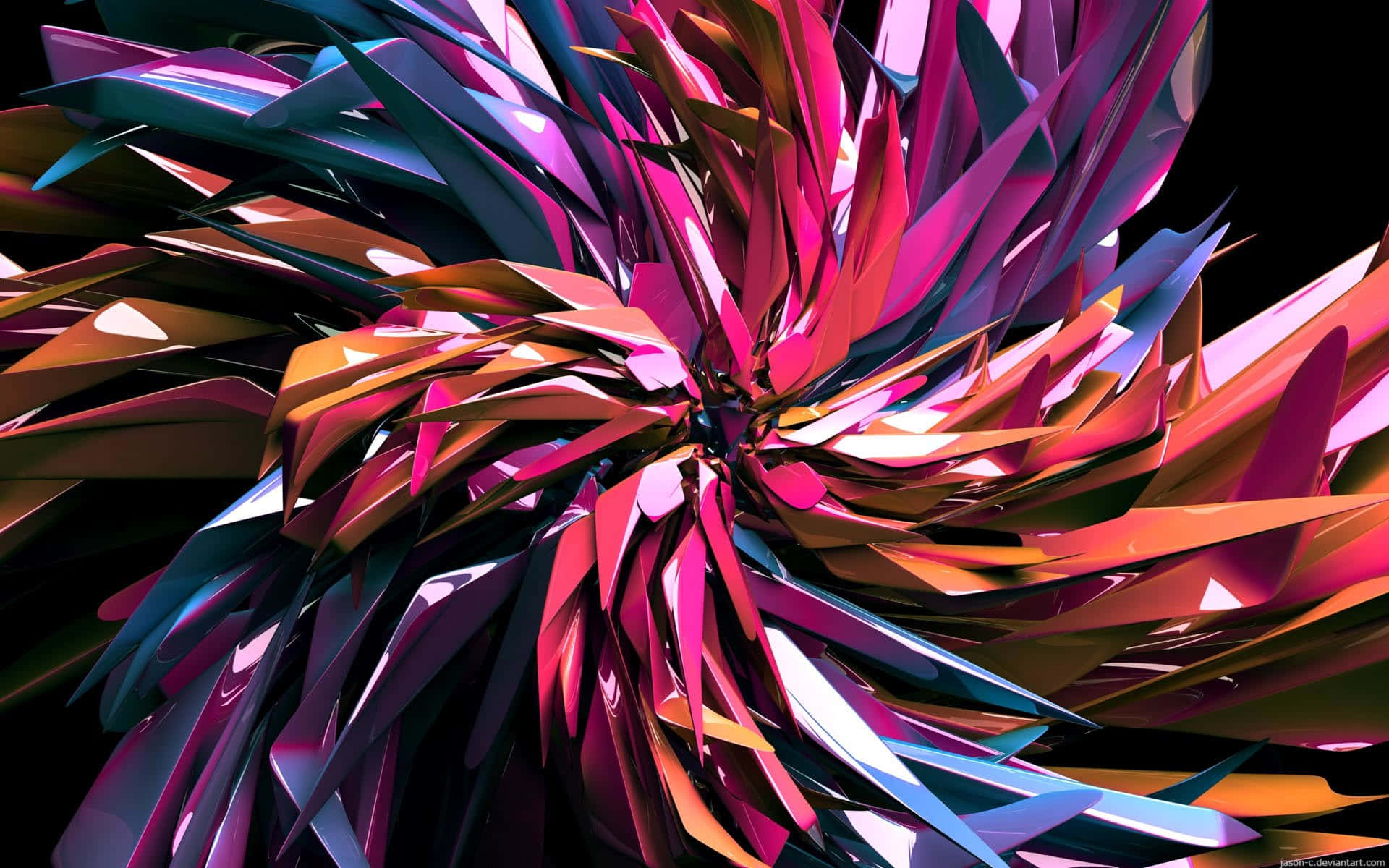 Cool Abstract 桌布 壁紙 — 充滿活力的粉紅色、橙色和藍綠色抽象碎片在黑色背景上以動態數位爆發形式爆炸。