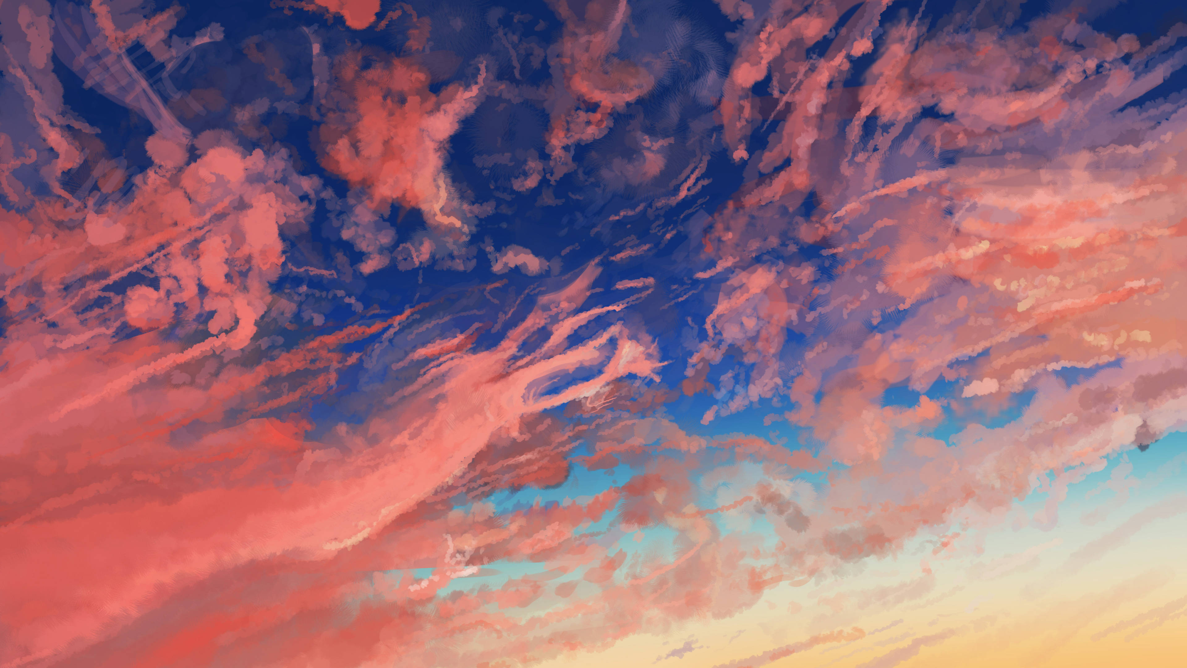 美學雲朵 桌布 壁紙 — 充滿活力的粉紅色、橙色和藍色雲彩在暮色天空中戲劇性地旋轉，形成一幅繪畫般的數位藝術作品。