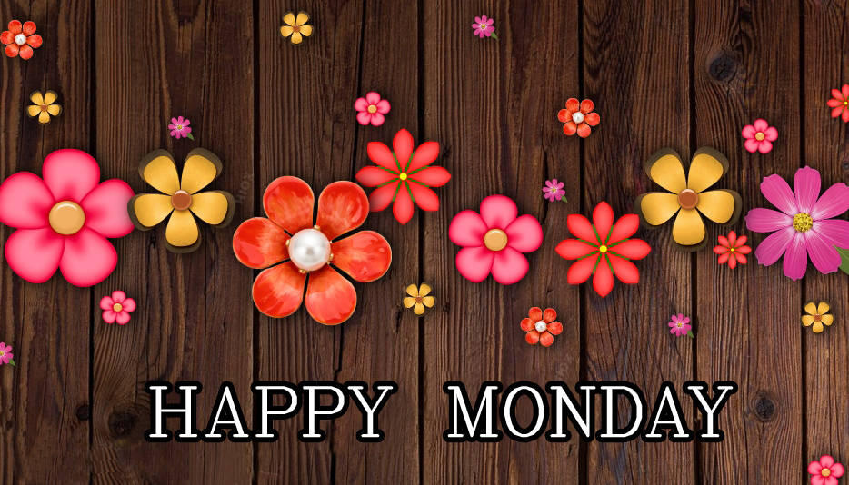Happy Monday 桌布 壁紙 — 充滿活力的粉紅色、橙色和黃色紙花裝飾在深色木板上，並帶有粗體的happy monday文字。
