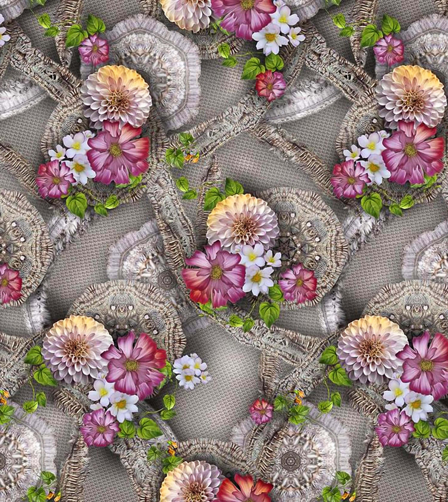 Textile Art 桌布 壁紙 — 充滿活力的粉紅色、白色和黃色花朵在帶有紋理的布料上，盛開於複雜的灰色蕾絲圖案之上。