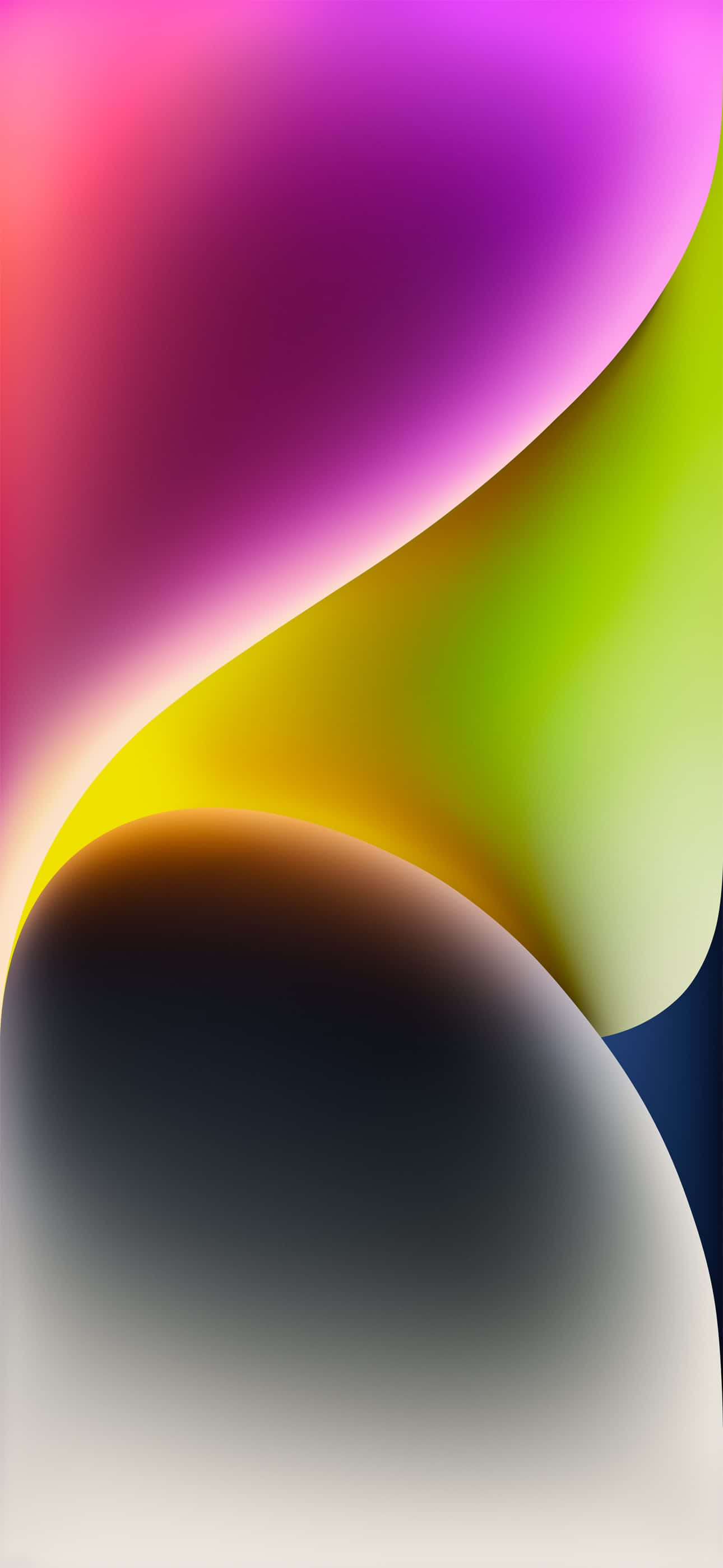 Professional iPhone 桌布 壁紙 — 充滿活力的粉紅色、紫色、黃色和綠色抽象漩渦在深色彎曲基底上融合成柔和漸變。