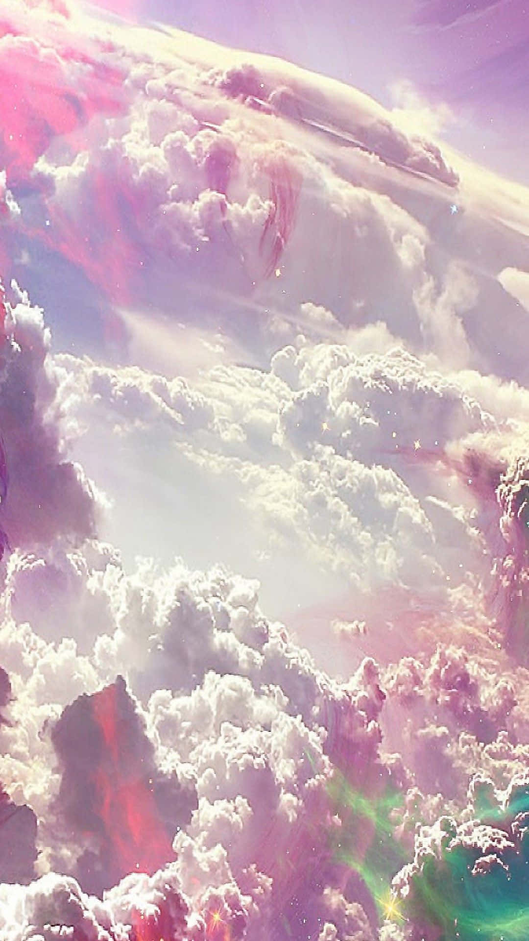 雲朵 桌布 壁紙 — 充滿活力的粉紅色、紫色和藍綠色雲朵在夢幻般的天空中旋轉，發光的光線穿過蓬鬆的雲層。