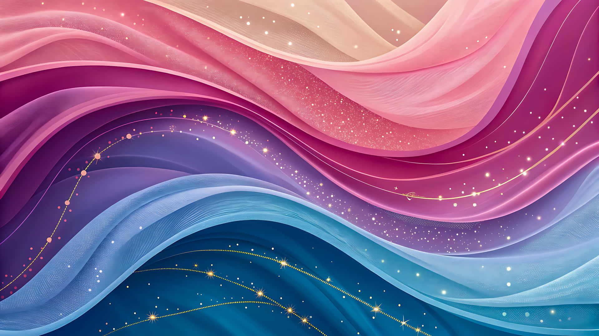 Abstract flowing waves of color with sparkling lights background 壁紙 — 充滿活力的粉紅色、紫色和藍色流動絲帶，帶有閃爍的金色軌跡，營造出夢幻般的抽象波浪圖案。