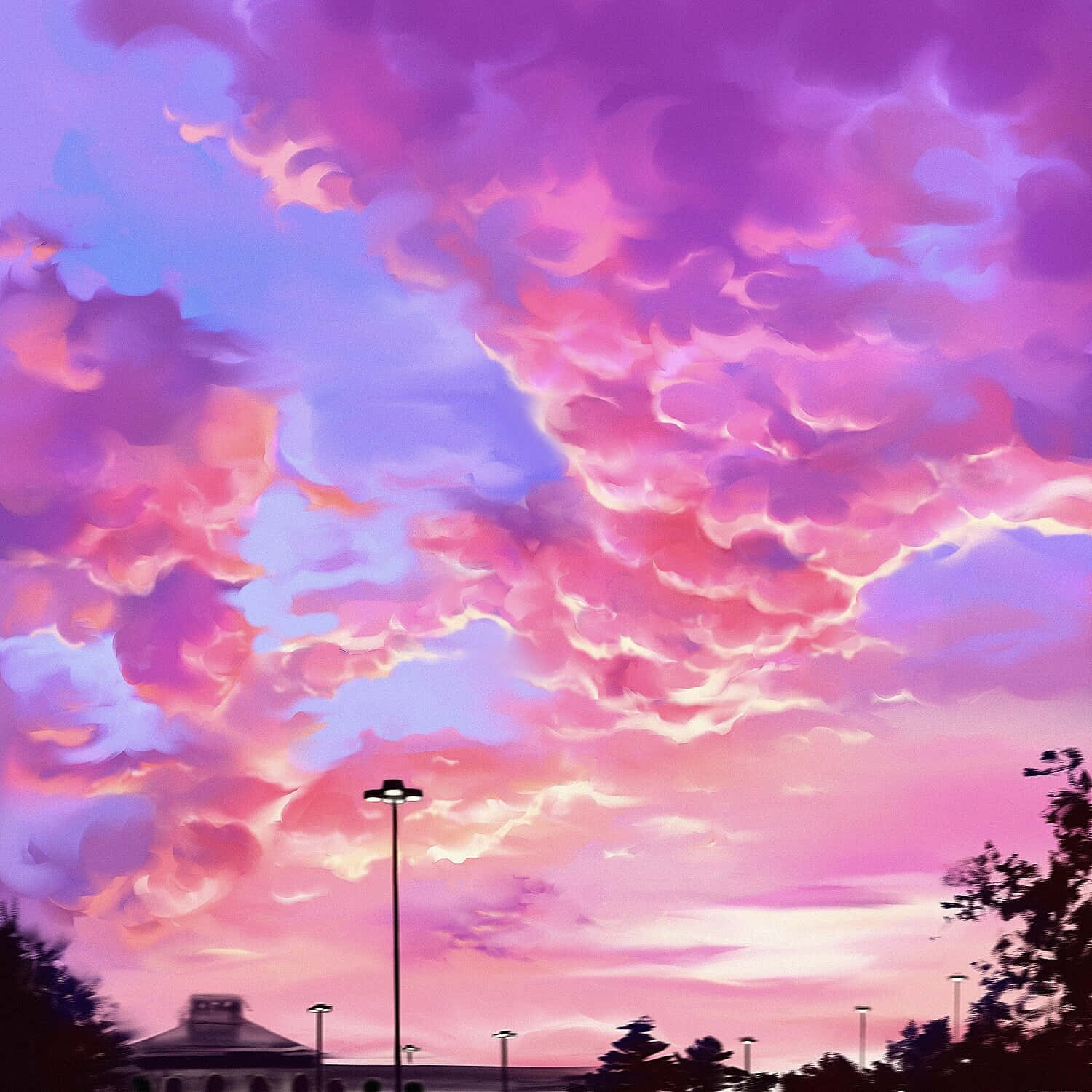雲朵 桌布 壁紙 — 充滿活力的粉紅色、紫色和藍色雲彩在暮色中戲劇性地盤旋在剪影城市天際線上。