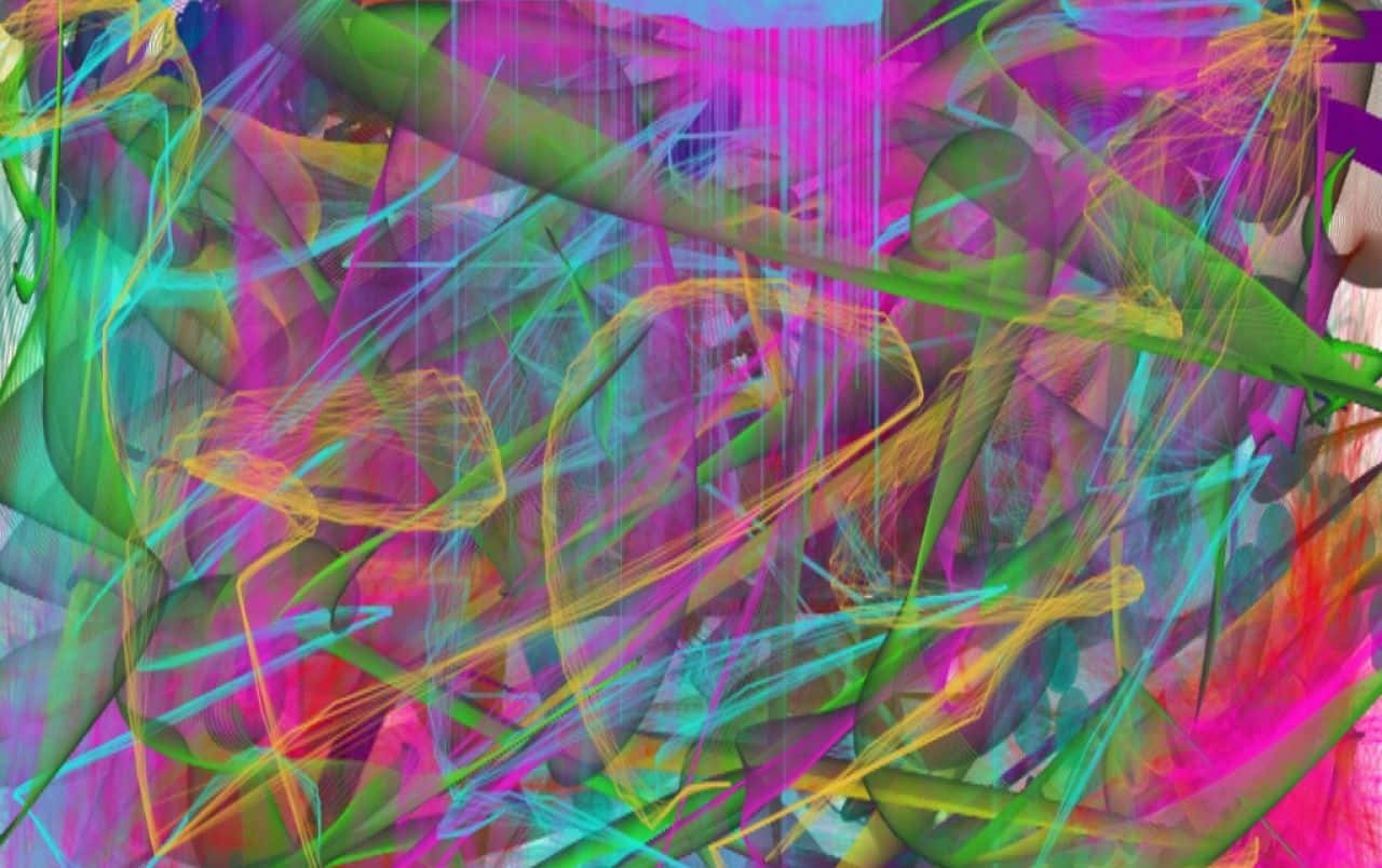 Abstraction 桌布 壁紙 — 充滿活力的粉紅色、綠色和青色霓虹條紋在發光的洋紅色背景上以混亂的抽象運動旋轉。