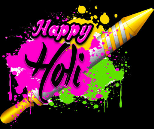 Holi Colour 桌布 壁紙 — 充滿活力的粉紅色、綠色和黃色油漆飛濺圍繞著一支蠟筆，上面有粗體風格字體的「Happy Holi」文字。