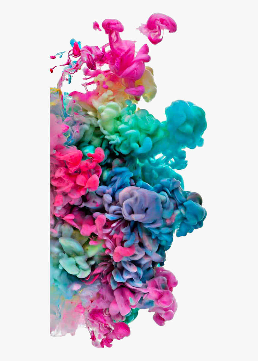 Colorful Smoke 桌布 壁紙 — 充滿活力的粉紅色、藍綠色和紫色墨水在潔淨的白色背景上爆炸成漩渦狀的雲彩。
