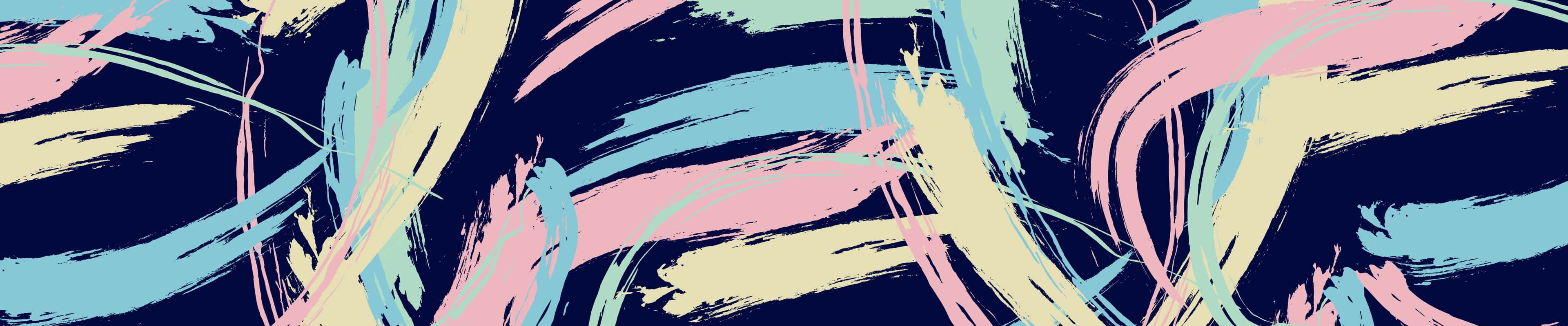3840x800 桌布 壁紙 — 充滿活力的粉紅色、藍色和黃色抽象筆觸在深海軍藍背景上旋轉。