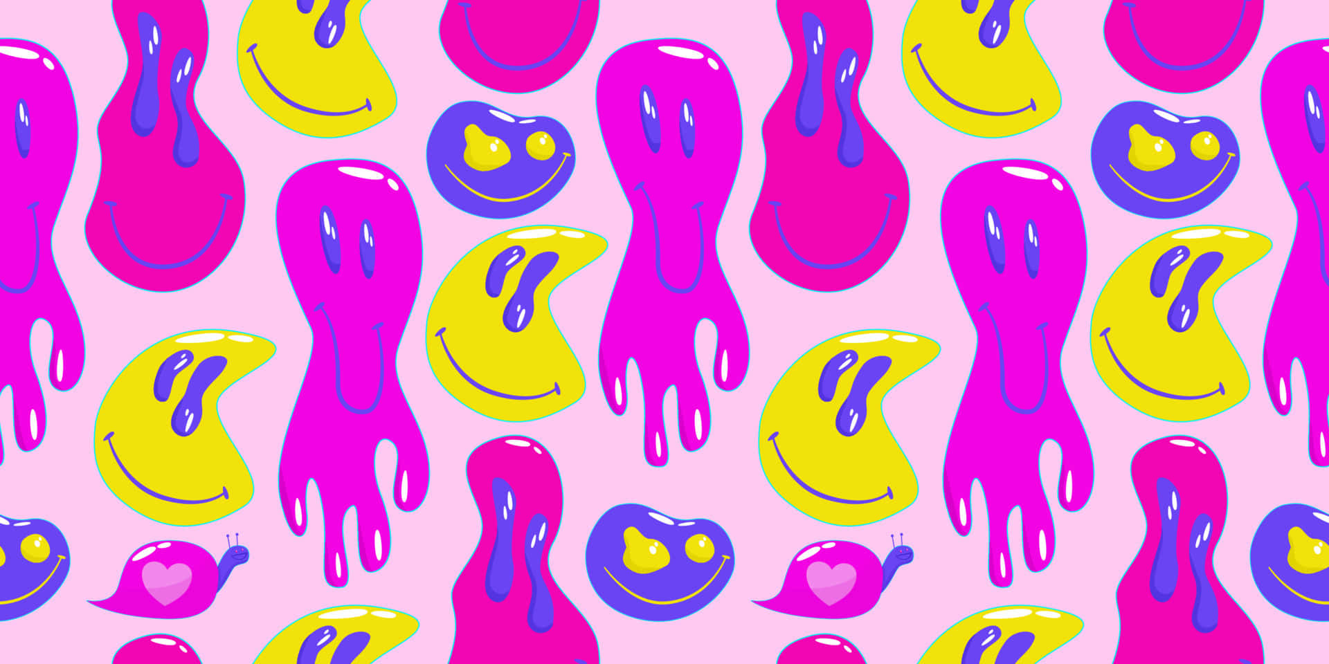 Aesthetic Trippy Smiley Face 桌布 壁紙 — 充滿活力的粉紅色、黃色和紫色微笑滴狀角色，邊緣滴落，重複形成俏皮的無縫圖案。