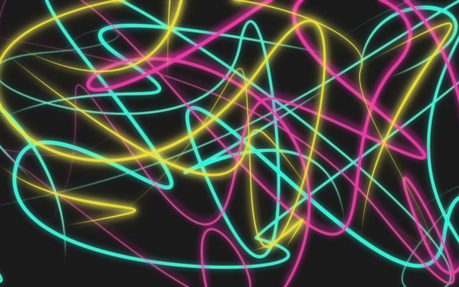 Trippy Neon Lights 桌布 壁紙 — 充滿活力的粉紅色、黃色和青色霓虹線條在黑色背景上混亂地旋轉，營造出動態的抽象光芒。