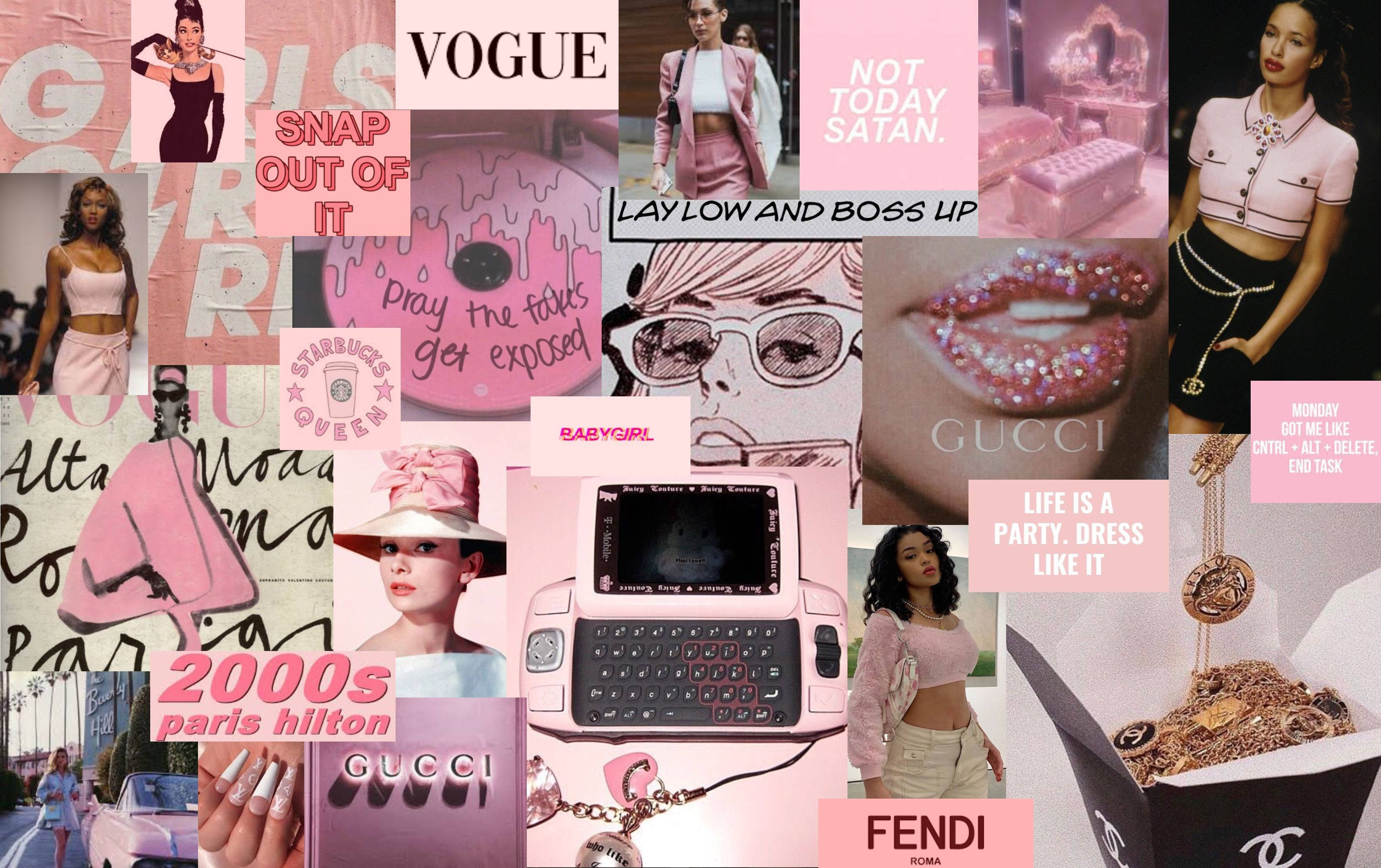 Retro Aesthetic 桌布 壁紙 — 充滿活力的粉紅色2000年代時尚拼貼，包含Gucci Fendi標誌、閃亮嘴唇、Paris Hilton和Vogue雜誌剪報。