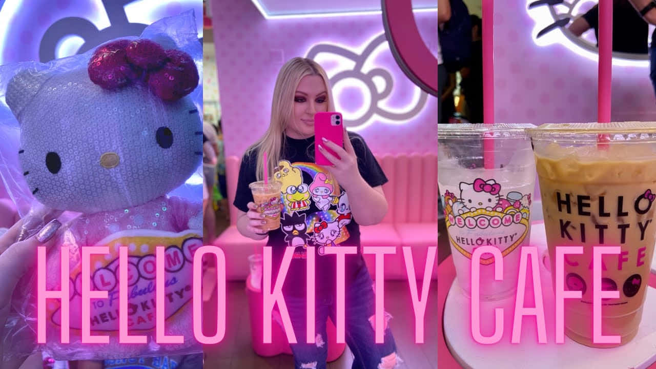 Hello Kitty 桌布 壁紙 — 充滿活力的粉紅色Hello Kitty咖啡廳，設有巨型毛絨吉祥物、與主題飲品自拍，以及霓虹燈下的品牌杯子。
