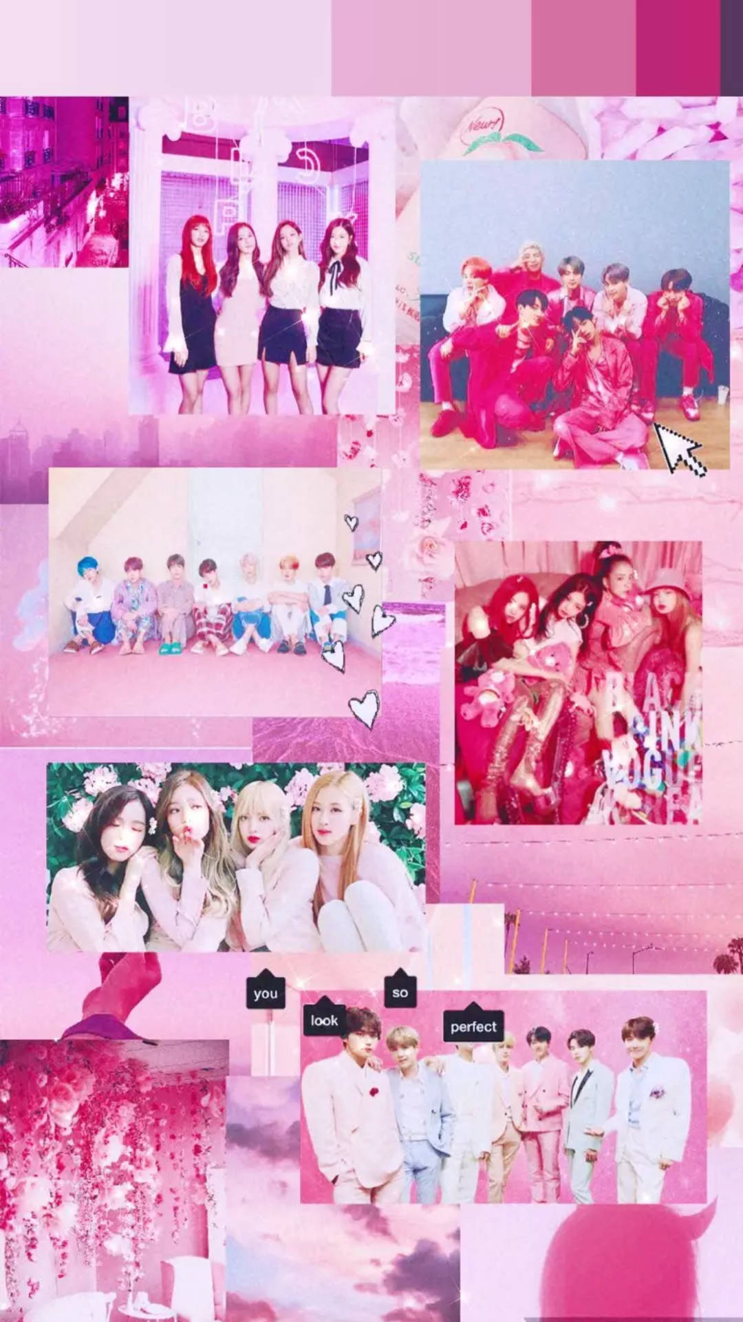 BTS 和 BLACKPINK 桌布 壁紙 — 充滿活力的粉紅色K-pop團體照片拼貼，帶有心形和文字疊加，營造夢幻美感。