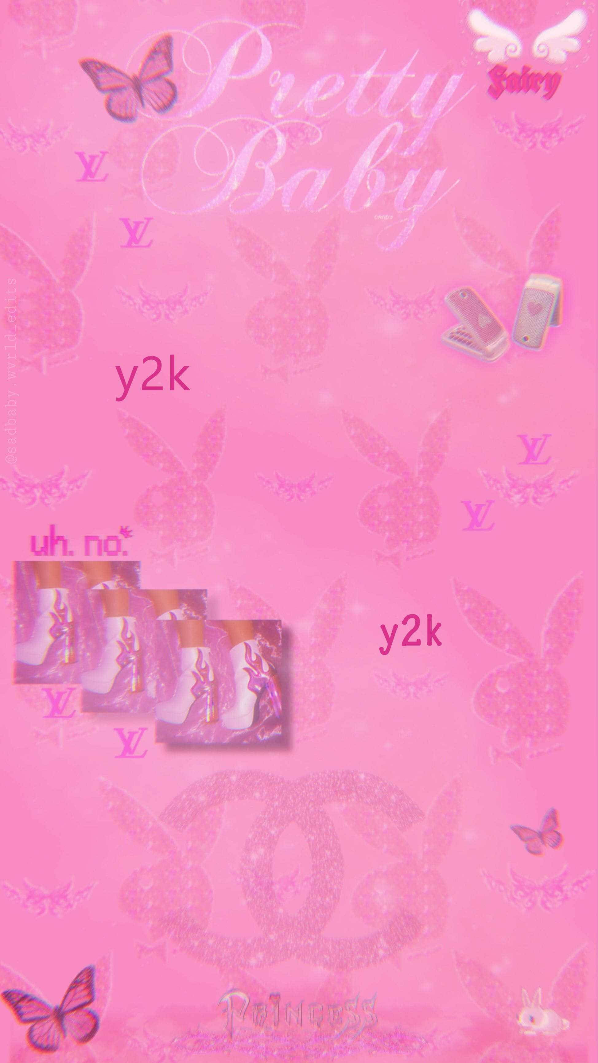 Y2K 桌布 壁紙 — 充滿活力的粉紅色Y2K桌布，帶有閃亮的Playboy兔子、蝴蝶和文字元素，呈現懷舊的數位美學。