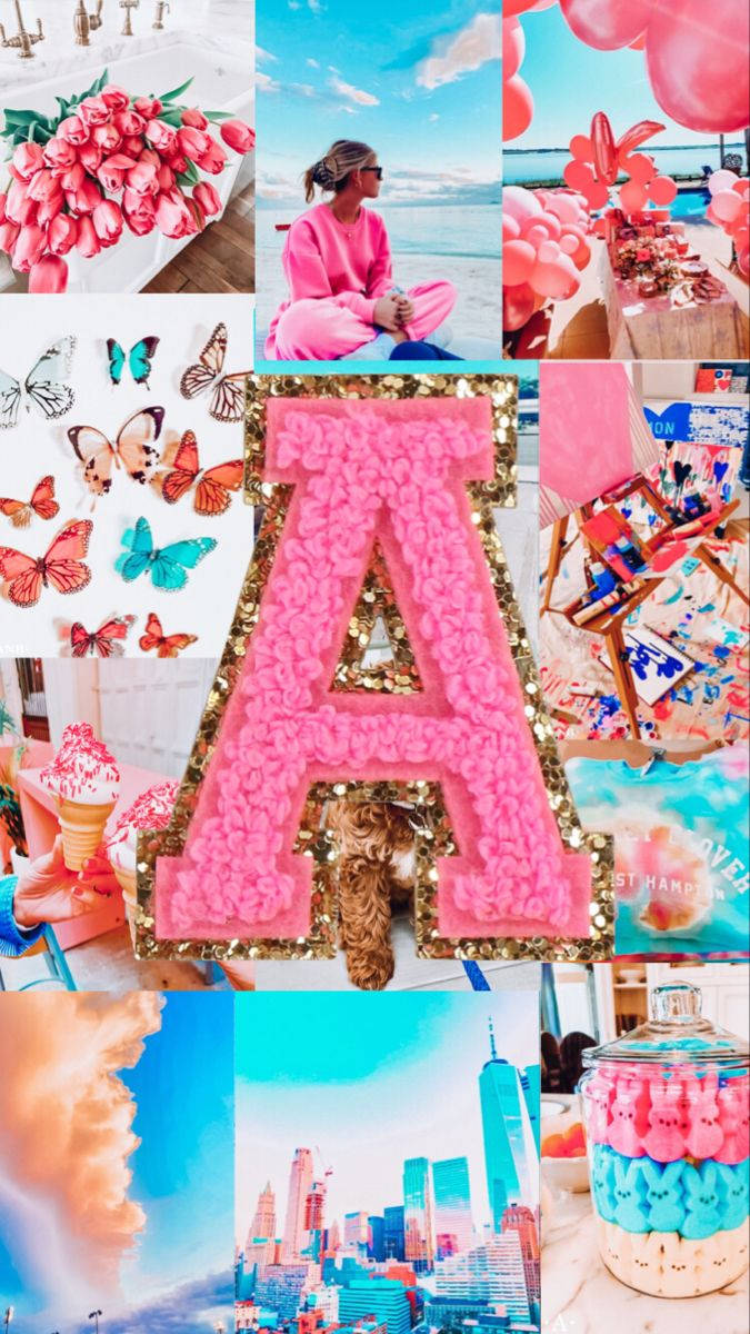 Letter A 桌布 壁紙 — 充滿活力的粉紅色主題場景拼貼，包括蝴蝶、冰淇淋、閃亮的字母A和晴朗天空下的城市景觀。