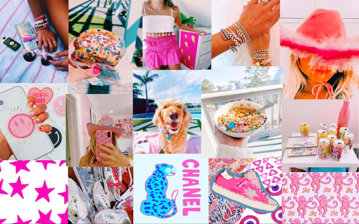 Preppy Desktop 桌布 壁紙 — 充滿活力的粉紅色主題拼貼畫，以時尚配飾、食物和俏皮圖案展現年輕美學。